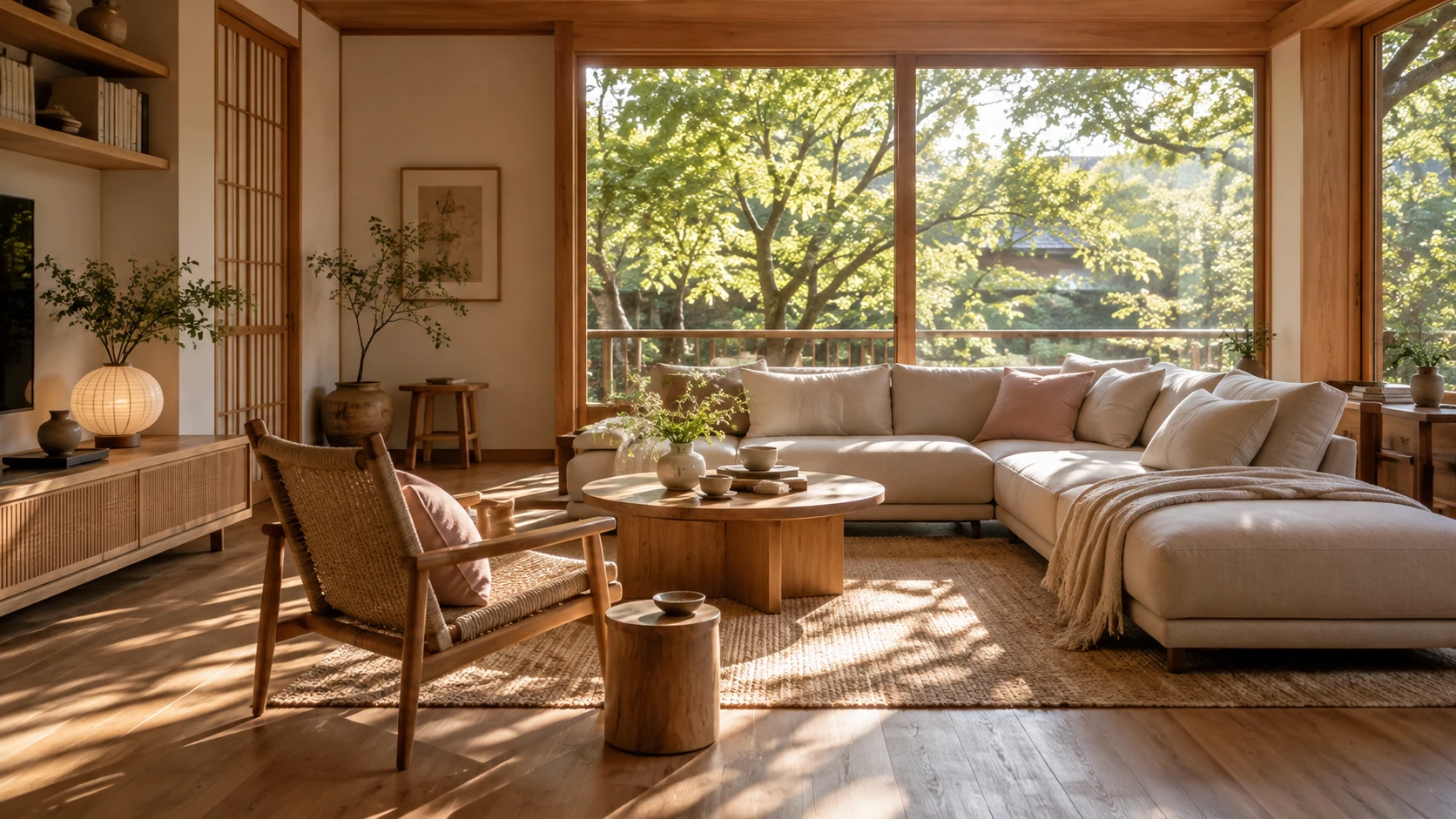 緑の木々を望む窓から木漏れ日が差し込む、ソファと木の家具のある部屋